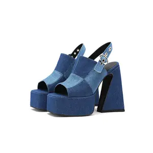 New cowboy ladies 5 inch high heel sandals Summer Shoes Women Open Square Toe High Chunky Heel Sandal Slipper Platform Heels