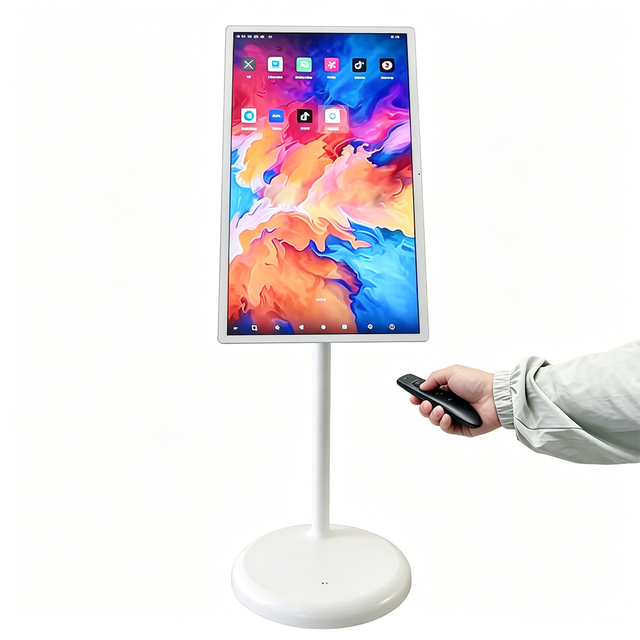 New White 32 Inch 4K Movable Smart Android 13/14 Intellitouch Touch Screen Monitor Wheels Built-in Rechargeable Battery USB