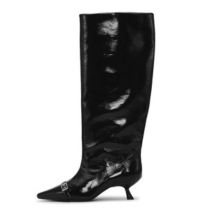 รองเท้าบูทหุ้มเข่าลายเสือดาวสำหรับผู้หญิง ปลายแหลม หัวเข็มขัดโลหะ ส้นเตี้ย รองเท้าบูทยาวแบบสั่งทำพิเศษ - Product Image 6