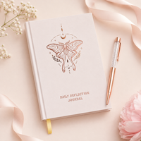 Carnet de réflexion quotidienne à couverture rigide, rose poudré, or rose, motif chrysalide lunaire et lune, gaufré, coffret cadeau avec stylo, vente en gros