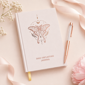 Carnet de réflexion quotidienne à couverture rigide, rose poudré, or rose, motif chrysalide lunaire et lune, gaufré, coffret cadeau avec stylo, vente en gros - Product Image 5