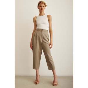 Pantalon plissé double devant kaki coupe droite taille haute longueur courte pour femme - Product Image 4