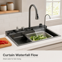 Évier de cuisine de luxe moderne fait main écologique XKY à cinq trous encastré noir en acier inoxydable 304 avec cascade simple