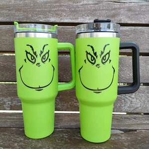 Vasos Térmicos de Acero Inoxidable de Doble Pared con Aislamiento al Vacío de 40oz, 6 Colores, Diseño <span class=keywords><strong>Grinch</strong></span> de Feliz Navidad, Verdes con Asa y Pajita, Taza de Oficina - Product Image 2