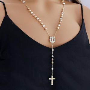 FN7017 Rosario de Oro Laminado Tricolor con Cuentas y Dijes de la Virgen María y Cruz, Collar de Oro de 14k, Joyería Católica al Por Mayor de China - Product Image 1