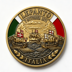 Pièce commémorative de la bataille de Lepanto 1571, plaquée or, en bronze frappé, objet d'art historique de collection, jeton d'Italie - Product Image 2