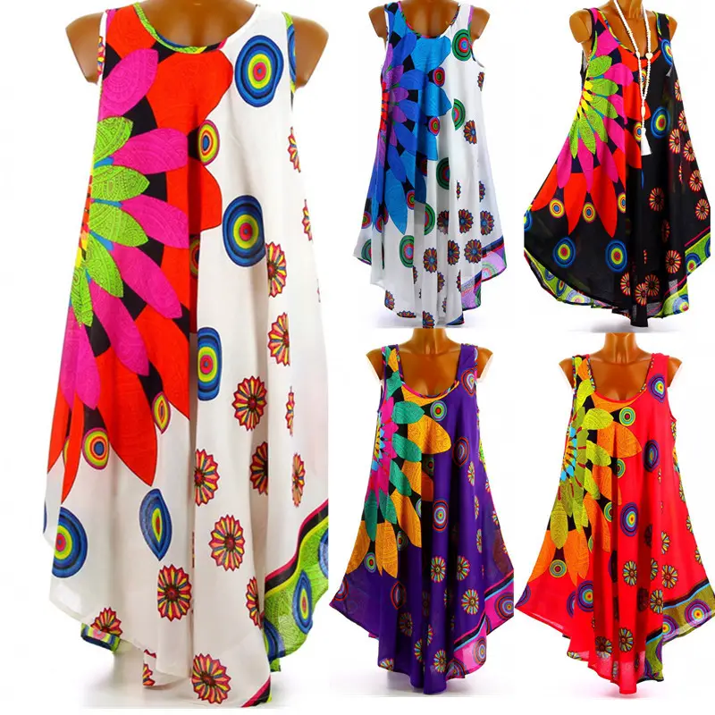 T1117 Boho Summer african Styl Printed Beach Dress Cami Beach Ankle-length Party Dresses Holiday Women Dress