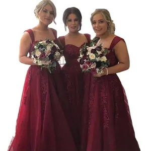 DB035 <span class=keywords><strong>Robe</strong></span> de Mariage Bourgogne Robes de <span class=keywords><strong>Demoiselle</strong></span> <span class=keywords><strong>d</strong></span>'<span class=keywords><strong>Honneur</strong></span> Longues Sans Manches Appliques en Dentelle Robes de Soirée Formelle <span class=keywords><strong>Pas</strong></span> Chères Robes de Bal Vestidos - Product Image 1