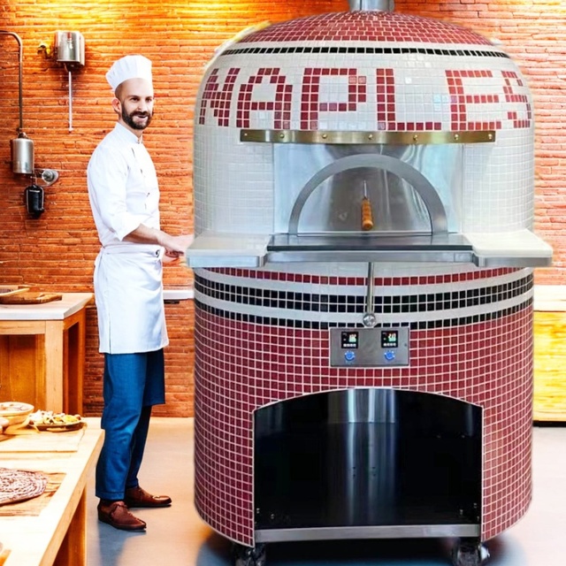 A Outdoor Propane or Gas Fired Wood Small Indoor Wood Fired Burning Prick Wood Pizza Oven on Freestanding with Mosaic Fireplace