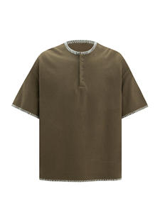 T-shirt décontracté ample en coton mélangé style <span class=keywords><strong>Old</strong></span> Money vintage américain, col <span class=keywords><strong>Henry</strong></span>, respirant, traitement anti-plis, effet délavé - Product Image 6