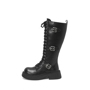 Venta caliente 2024 moda mujer encaje hasta la rodilla botas altas correa en el tobillo punta redonda cuero de vaca botas de mujer - Product Image 3