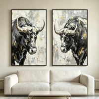 Ensemble de peintures à l'huile à texture épaisse Black Bull, Décoration moderne sur toile double panneau avec feuille d'or et bison abstrait pour bureau et salon