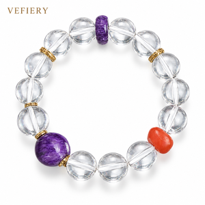 Bracelet extensible en perles rondes mélangées de quartz clair naturel, charoïte et agate rouge pour femmes, bijoux personnalisés en gros - Product Image 1
