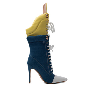 Stivaletti Sportivi da <span class=keywords><strong>Donna</strong></span> con Tacco a Spillo Sottile, Taglia Grande 47, Scarpe con Lacci, Blu e Giallo, Stivaletti in Denim Patchwork - Product Image 6