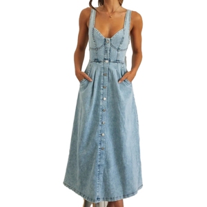 Retro <b>Spaghetti</b> <b>Straps</b> Sleeveless Casual Style Button Denim Maxi Dress for Women Fashion - Product Image 1