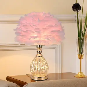 אופנה creative סלון לבן מנורת שולחן חמוד girly מיטת השינה LED מנורת ורוד נוצת מנורה