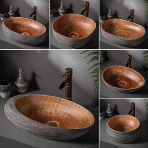 Lavabo de salle de bain ovale en céramique de style rétro, à poser sur le comptoir, nouveau style chinois, sans trou pour robinet - Product Image 2