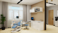Meuble de consultation moderne sur mesure pour clinique dentaire, bureau de travail du dentiste avec évier, armoires murales, mobilier de cabinet dentaire