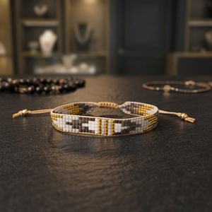 Sstringz Handmade Gold Metallic, Ivory White & Charcoal Grey Miyuki Delica <b>Bead</b> <b>Bracelet</b> with Tribal Geometric Pattern - Product Image 1
