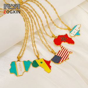 Zogxin World Map Pendant Necklace Stainless Steel 18K Gold Plated Country Flag Design Collarbone Chain Daily Wear Gift - Product Image 1