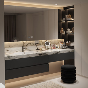Mueble de Baño Combinado con Tocador, Gabinete Integrado, Espejo LED Inteligente, Lavabo de Cerámica Impermeable <span class=keywords><strong>IPX4</strong></span>, Sala de Maquillaje - Product Image 2