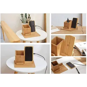2022 forniture scolastiche per ufficio portaoggetti in bambù portamatite da tavolo con stazione di ricarica Wireless
