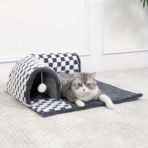 Classic Style 2-in-1 Cat <b>House</b> Condo Soft Cozy Fiber Comfortable Cat Tunnel <b>Bed</b> Play Sleep All-Season Linen Breathable Pet <b>Beds</b> - Product Image 4