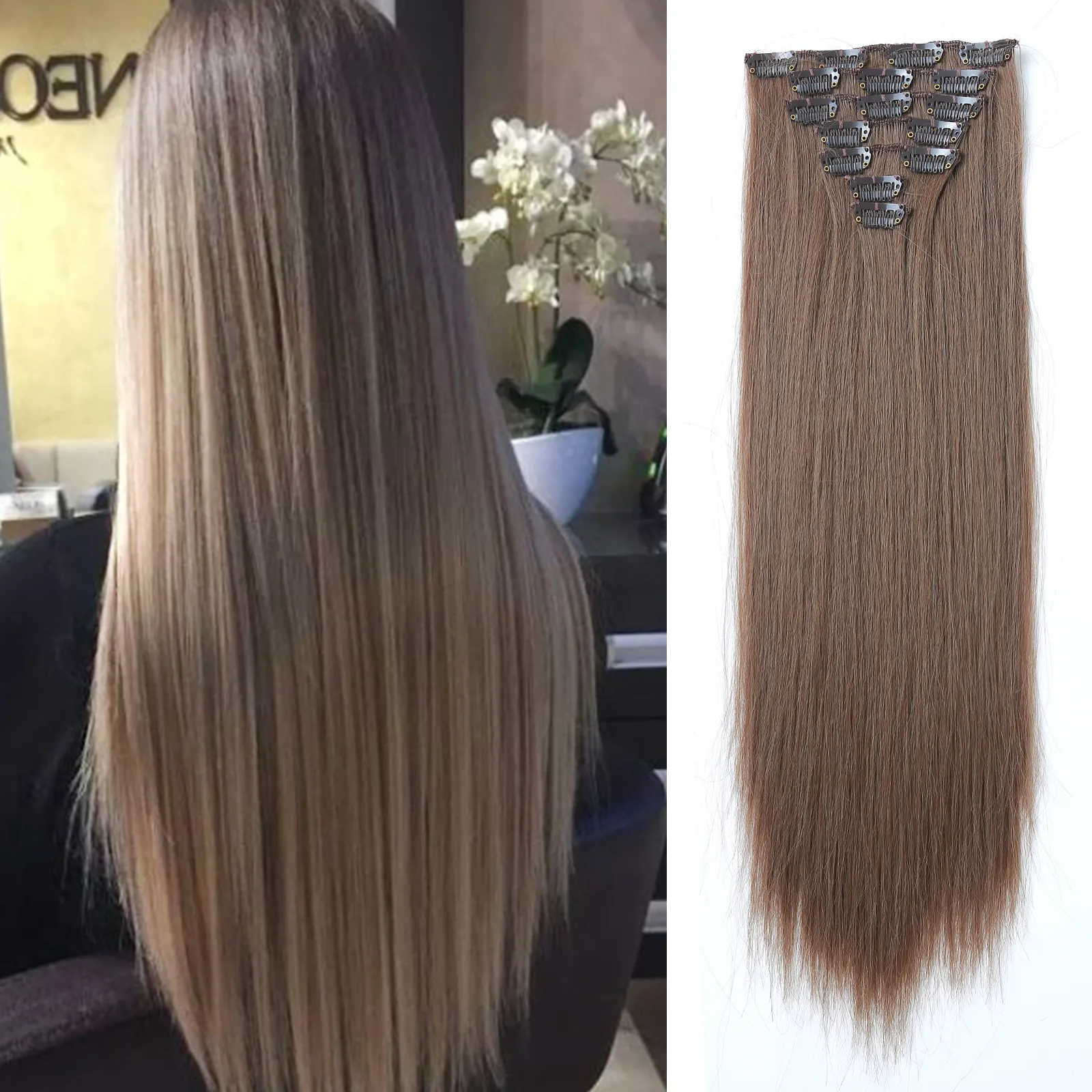 Hairjoy — perruque synthétique lisse brune à clips, extensions de cheveux lisses à double tissage, 18 pouces, 110g, 16 clips, vente en gros