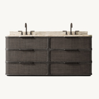 Meuble-lavabo double en chêne massif Japandi haut de gamme avec incrustations en rotin, vasque double de luxe de 72 pouces avec plateau en marbre, design organique moderne et courbé