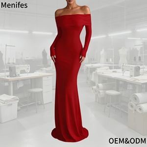 <span class=keywords><strong>Robe</strong></span> longue moulante élégante et sexy rouge à épaules dénudées et manches longues pour femme, idéale pour les soirées et les fêtes, vente en gros, haute qualité - Product Image 1