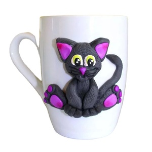 Taza de Cerámica de Arcilla Polimérica con Diseño de Gato Divertido, Taza de Viaje para Regalo - Product Image 1