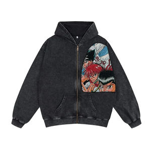 Nouveau style 2026 : Sweat à capuche zippé avec patchs de personnages d'anime, noir délavé, style rétro <span class=keywords><strong>manga</strong></span>, avec patchs <span class=keywords><strong>tapisserie</strong></span> - Product Image 3