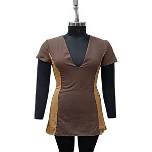V-Neck Bodycon Mini <b>Dress</b> With Contrast Color Panels <b>Short</b> Sleeve Casual Woven Solid Fit Fitted Breathable All Seasons - Product Image 1