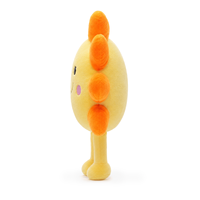 Peluche Soleil avec visage rond jaune, rayons orange et jambes pendantes, personnage Soleil souriant