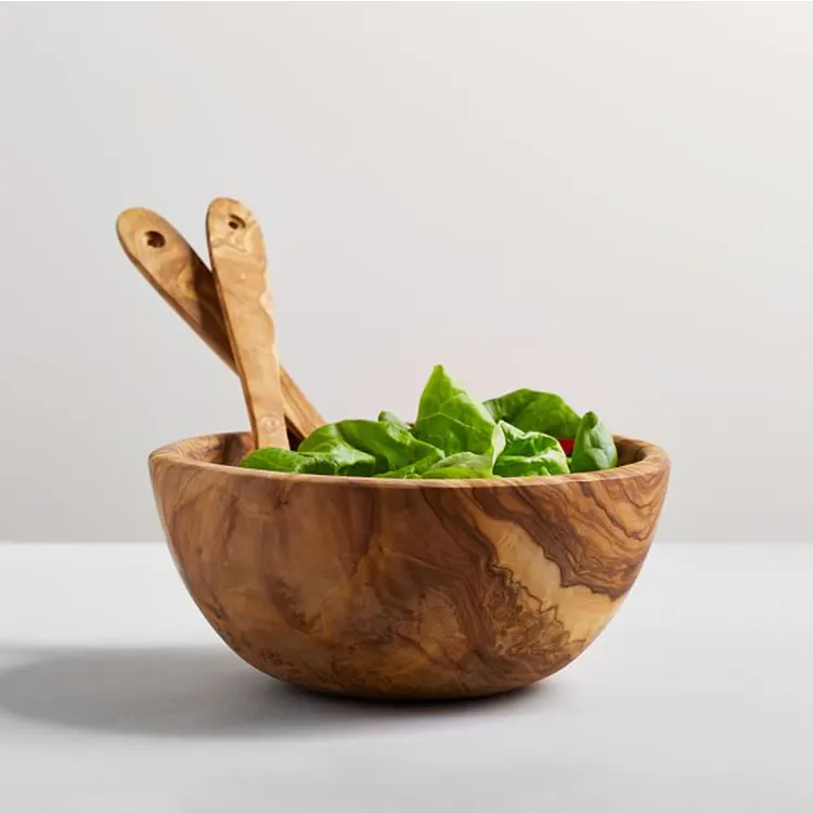 Mangkuk makanan sayuran hijau bentuk bulat, sendok kayu, mangkuk Salad melayani dapur Dan Restoran gurun