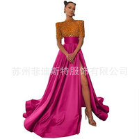 S0530R Nouveau Design Tempérament Mince Banquet Nouveau Style Demi Manches Formelle Paillettes A-ligne Satin Longue Fente Robe De Soirée