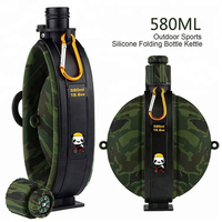 Bouteille d'eau pliable en silicone de 580 ml avec boussole et mousqueton, camouflage tactique, bouteille pliable pour la randonnée et le camping