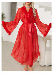 ชุดคลุมวีเนคสีเงินเงาแบบใหม่ พร้อมขนเฟอร์ ขายส่ง เสื้อคลุมแขนยาวเปิดด้านหน้า สำหรับใส่นอน - Product Image 6