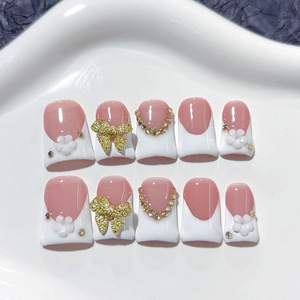 <span class=keywords><strong>Uñas</strong></span> postizas de pato blanco con <span class=keywords><strong>punta</strong></span> francesa corta, acrílicas, con diseño de purpurina 3D, hechas a mano, con pegamento - Product Image 3
