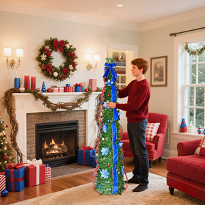 Sapin de Noël avec des rubans en velours bleu et des décorations rouges et bleues, parfait pour les fêtes de fin d'année - Product Image 1