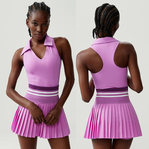 来样定做新款颜色网球2件套马球衣领文胸高腰百褶裙带口袋高尔夫扒手撞色套装 - Product Image 5