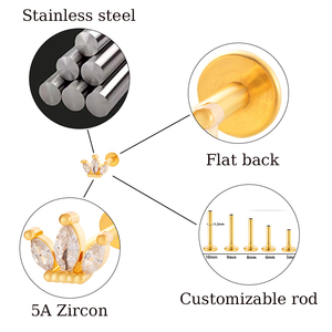 Orecchino per Piercing HENGSEN in Acciaio Inossidabile con Parte Posteriore Piatta, Barbell e Labret con Zirconi, Anello per Labbro, <span class=keywords><strong>Oro</strong></span>, per Elica e Cartilagine - Product Image 2