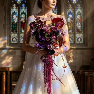 M802 Bouquet da Sposa Gotico Serie Moody Dark Cascade in Bordeaux <span class=keywords><strong>Scuro</strong></span> e <span class=keywords><strong>Viola</strong></span>, Composizione Floreale per la Sposa - Product Image 1