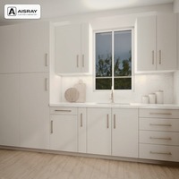 Armoire de cuisine en mélamine au design luxueux, boîtes d'armoires en panneaux de particules, dimensions personnalisées et finitions de portes coordonnées