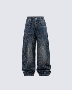 Jeans de Mezclilla Ajustados de Pierna Ancha para Hombre, Lavados, de Cintura Media, con Diseño de Bolsillos, para Estilo Casual, Hip Hop y Streetwear - Product Image 1