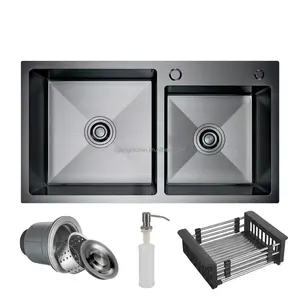 最新现代黑色瀑布双碗厨房水槽304不锈钢豪华纳米Dropin厨房水槽