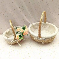 Panier de pique-nique en saule naturel tressé à la main, écologique, avec doublure en coton à pois amovible et lavable, et nœud en dentelle pour demoiselle d'honneur de mariage