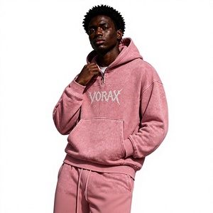 Sweat-shirt à capuche zippé personnalisé avec logo, rose, effet délavé, imprimé gothique, coupe oversize en polaire pour homme - Product Image 1
