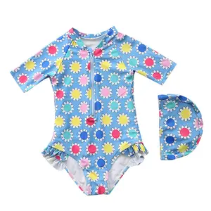 A # 아기 소녀 여름 비키니 패션 반소매 지퍼 원피스 수영복 수영 모자 프린트 성인 Z5
