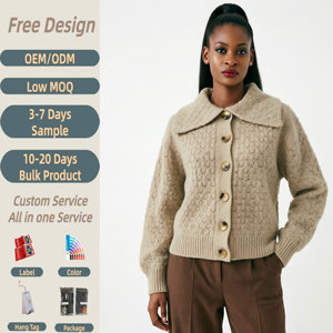 Cardigan en tricot texturé à bulles couleur beige avoine pour femme, col Peter Pan, coupe courte, style décontracté et preppy, personnalisable OEM - Product Image 1